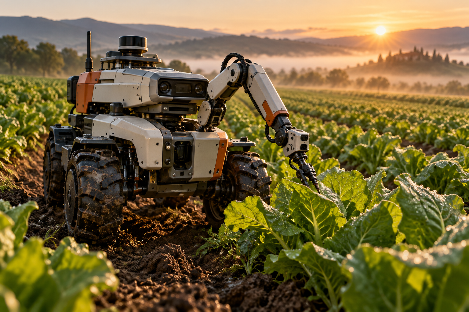 A precision agricultural rover inspecting crops in a sunlit field